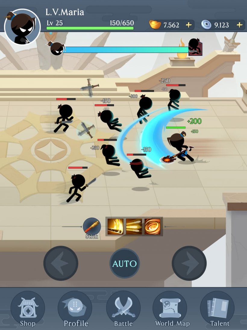 Idle Stickman游戏截图，展示武术家攻击一群敌人