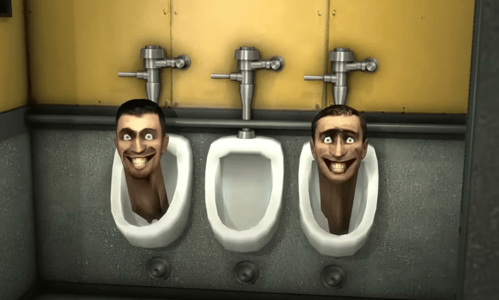 Heads emerging from a urinal in a *Skibidi Toilet* scene.  Image illustrating the Fortnite skins.
