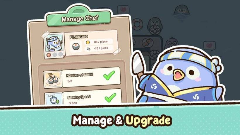 A cheerful penguin displays the Penguin Sushi Bar upgrade chart