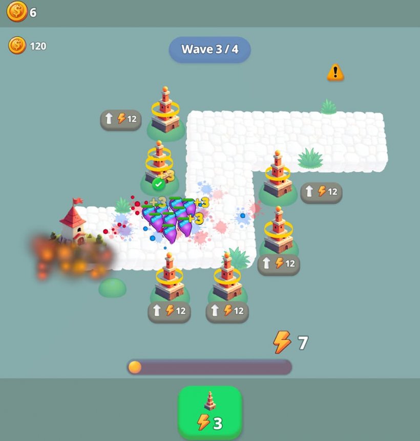 Blob Attack: Tower Defence 游戏截图，画面显示简单的赛道周围环绕着防御塔