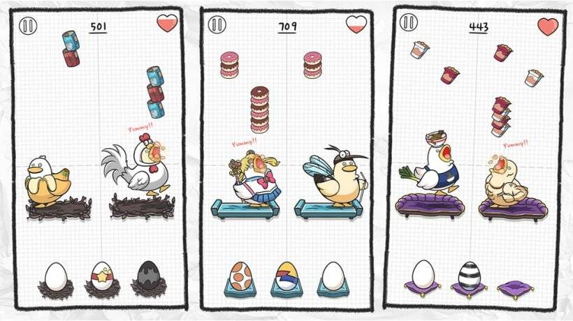 Duck Town gameplay featuring ducks in costumes catching falling food items to the beat
