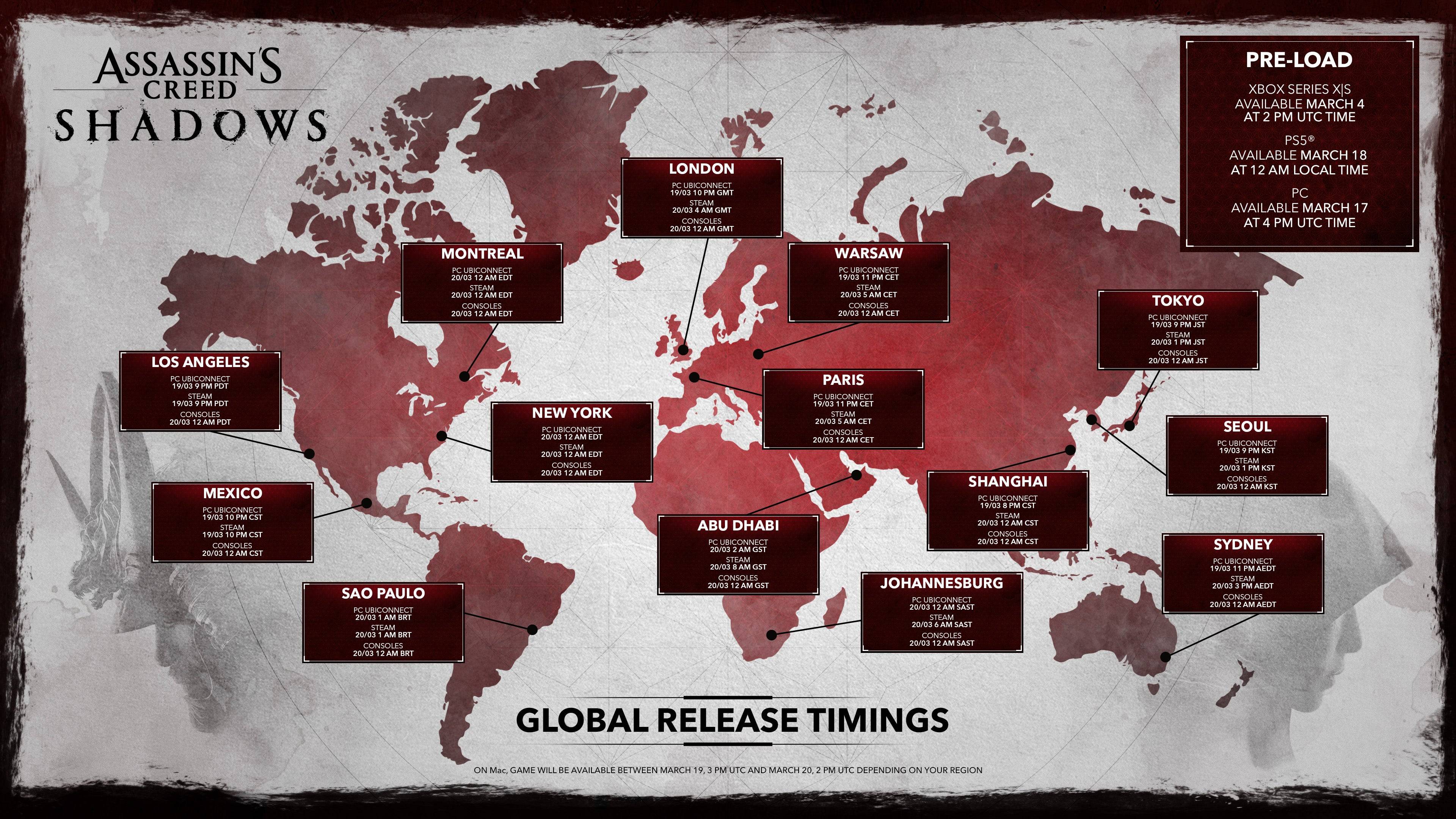Assassin's Creed Shadows: Global Relection Schedule ကိုပြသခဲ့သည်