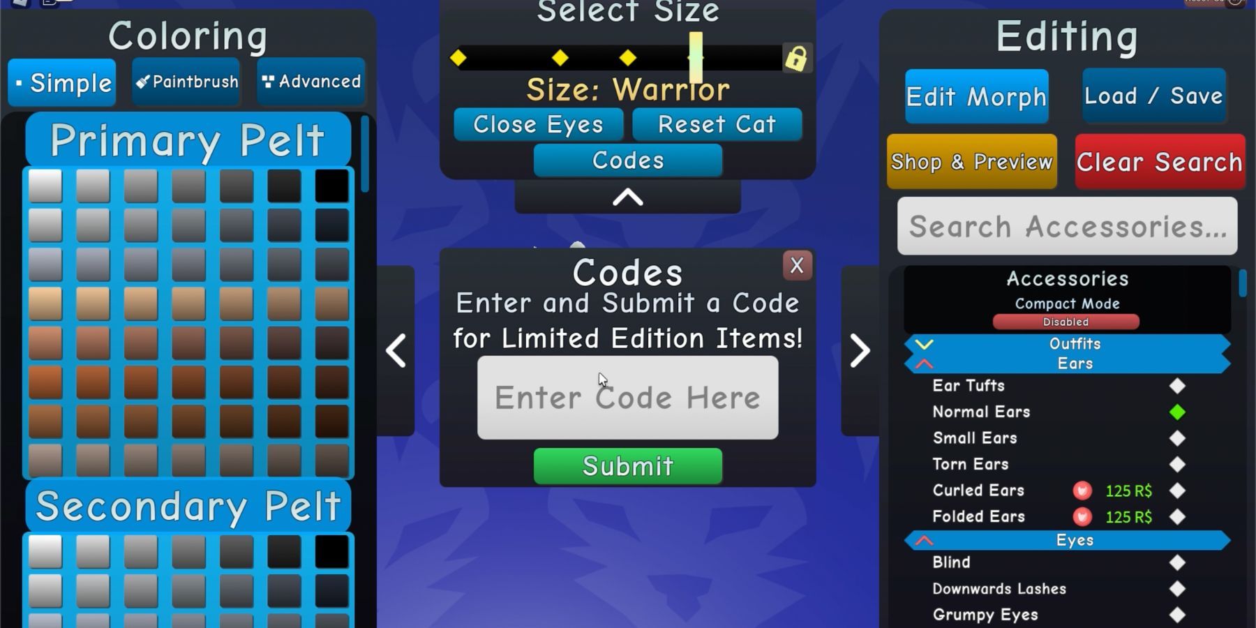 Image: In-game character editor showing code input