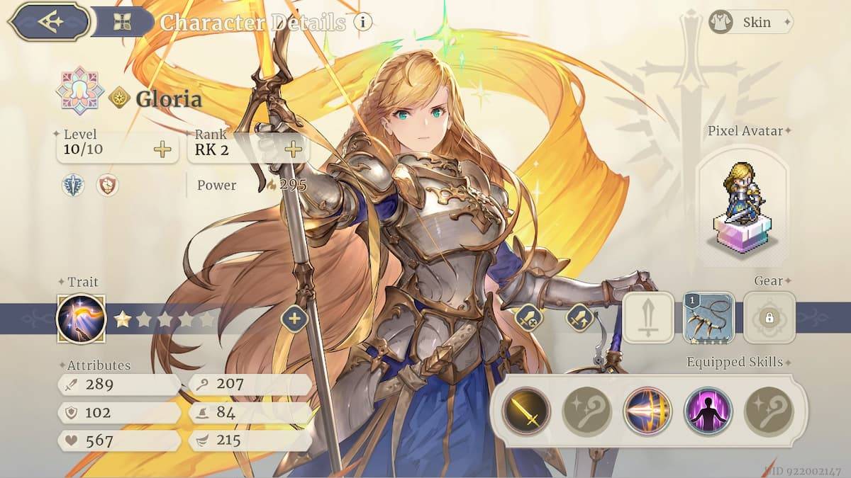Een screenshot van het karakterscherm van Gloria in Sword of Convallaria