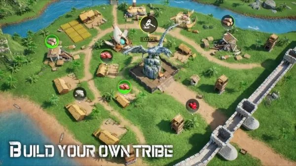 A cobbled-together village with a curtain wall surrounding it being attacked by dinosaurs