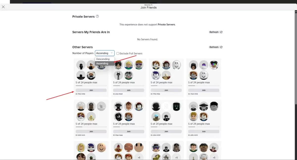 เมนูการเลือกเซิร์ฟเวอร์ Roblox Blockspin