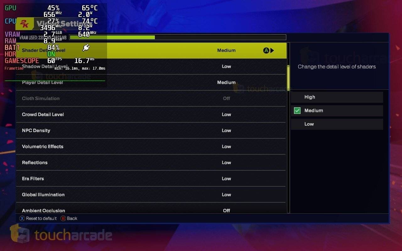 Captura de tela de configurações da NBA 2K25