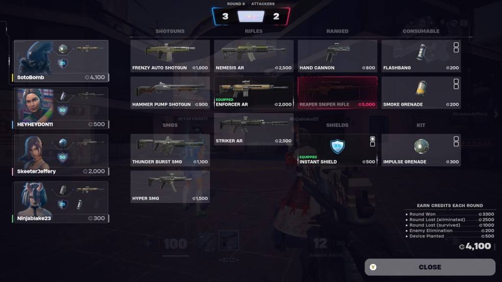 The buy screen in Fortnite Ballistic showing optimal loadout choices.